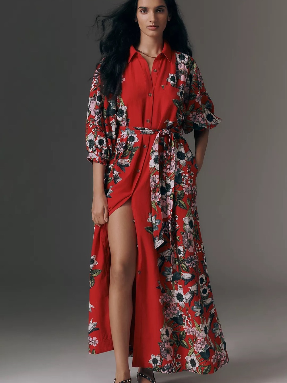 Anthropologie Red Floral Button-Front Maxi Dress
